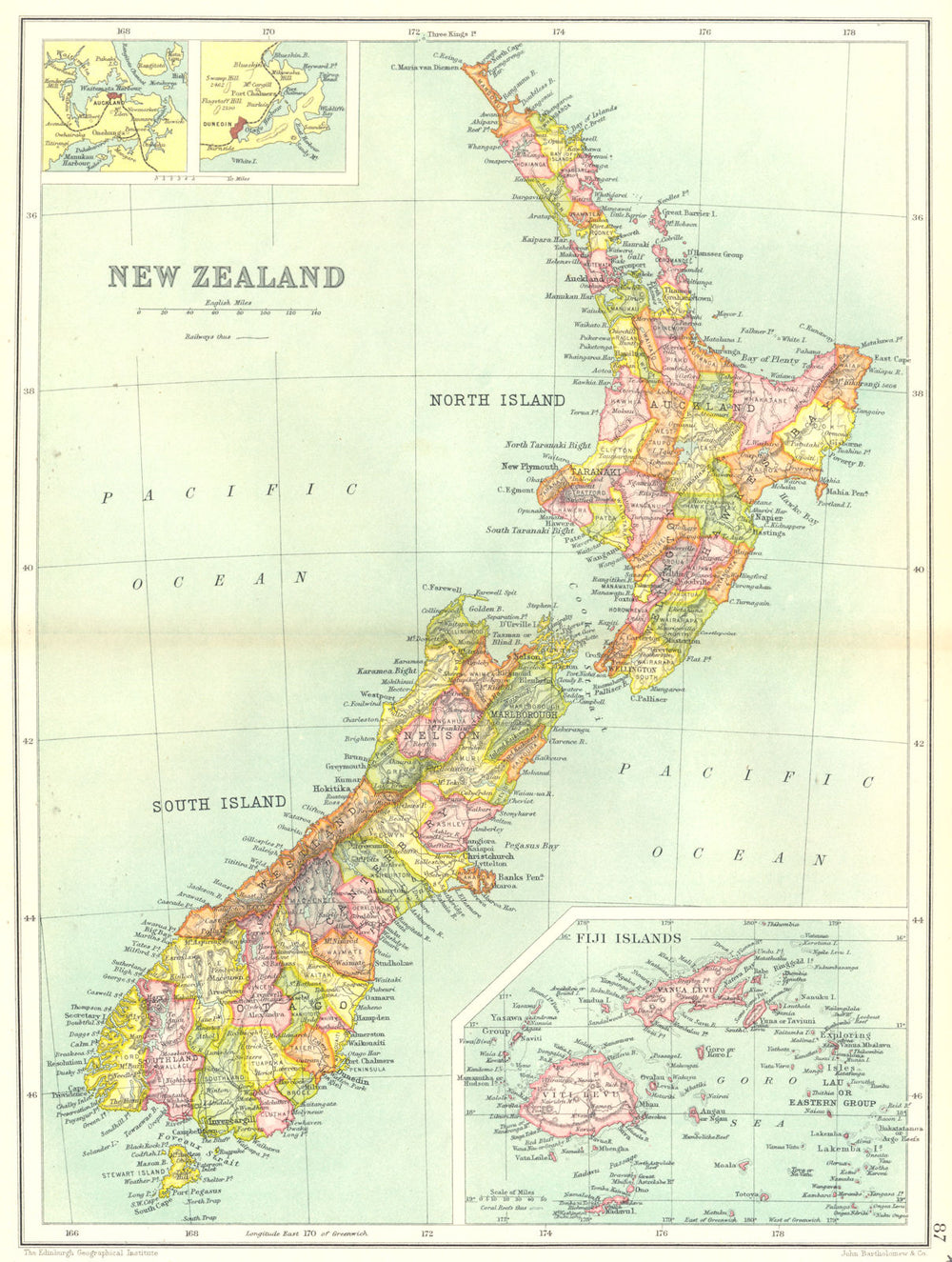 NEW ZEALAND. Inset maps of Fiji Islands; Auckland; Dunedin. Railways 1909