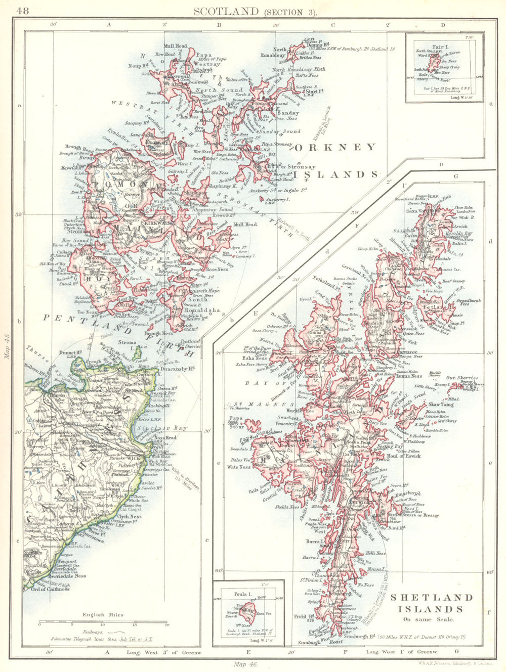 SCOTLAND. Caithness; Shetland, Orkney Islands; Foula, Fair Islands 1897 map