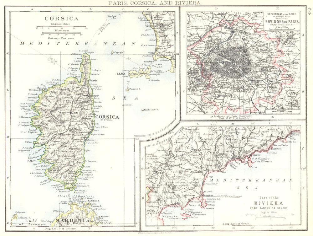 FRANCE. Paris, Corsica, and Riviera Côte d'Azur 1897 old antique map chart