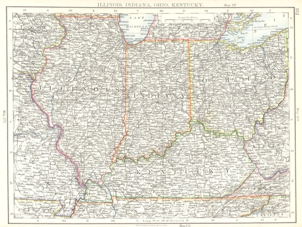 USA MID WEST. Illinois, Indiana, Ohio, Kentucky 1897 old antique map chart