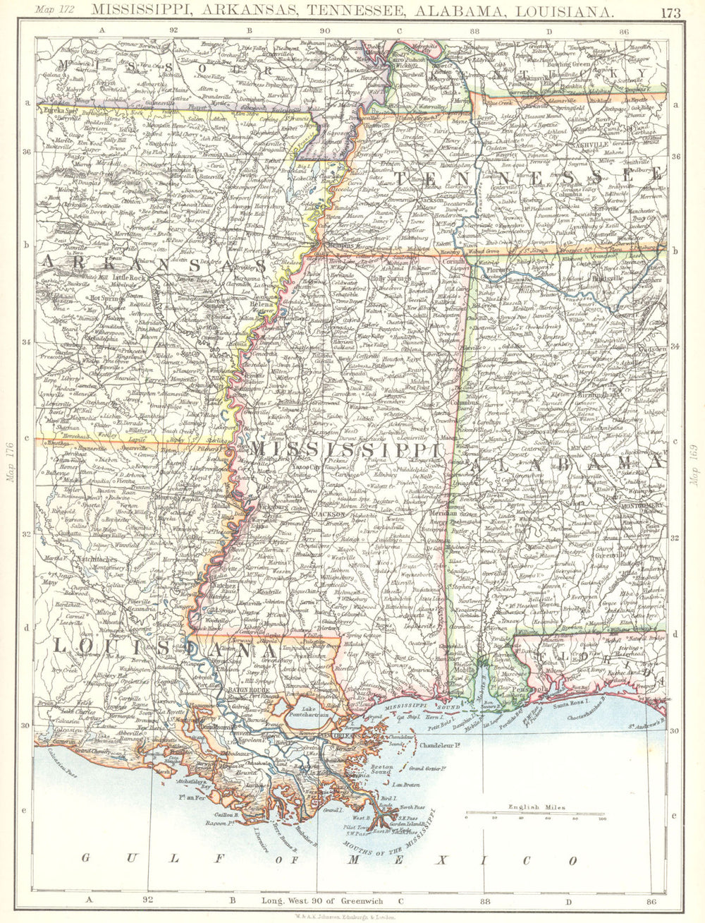 USA SOUTH. Mississippi, Arkansas, Tennessee, Alabama, Louisiana 1897 old map