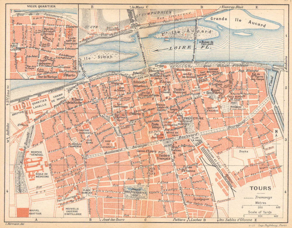 LOIRE. Tours; Inset map of Vieux Quartier 1922 old antique plan chart