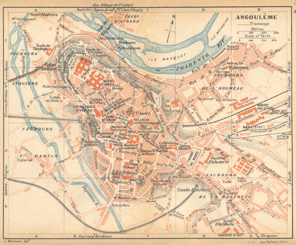 CHARENTE. Angoulême   1922 old antique vintage map plan chart