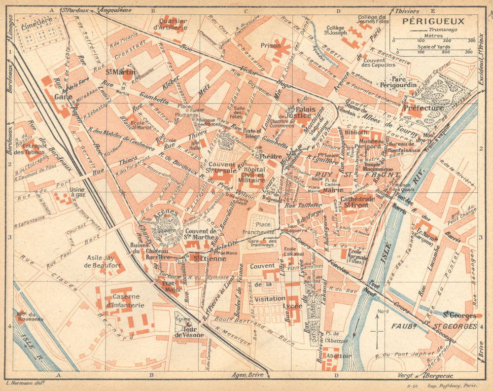DORDOGNE. Périgueux   1922 old antique vintage map plan chart