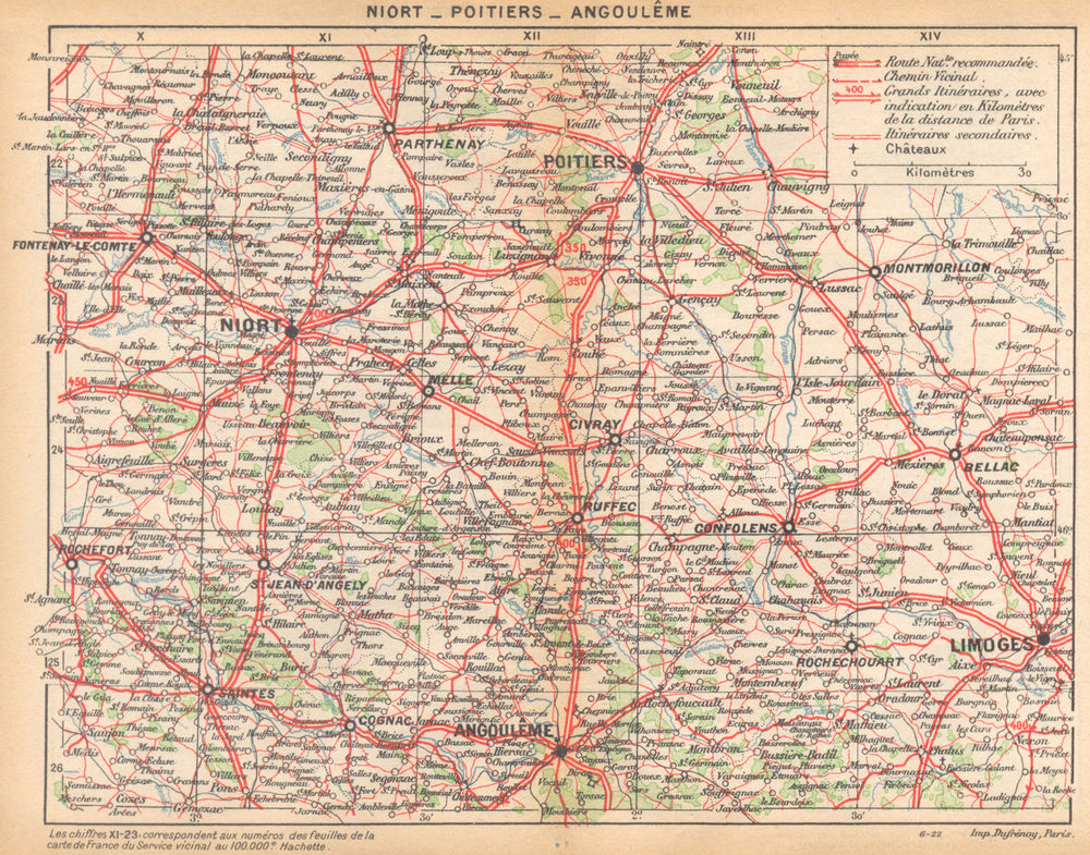 DEUX- SÈVRES. Niort- Poitiers- Angoulême 1922 old antique map plan chart