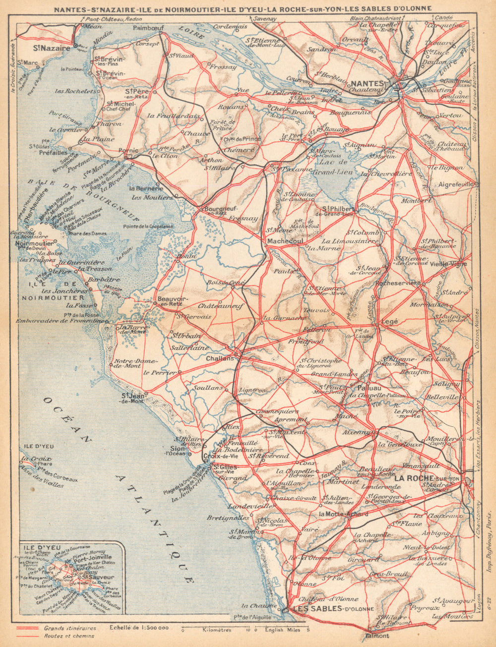 L'ÎLE NOIRMOUTIER.Nantes-St.Nazaire-Ile-D'Yeu-Roche-sur-Yon-Olonne 1922 map