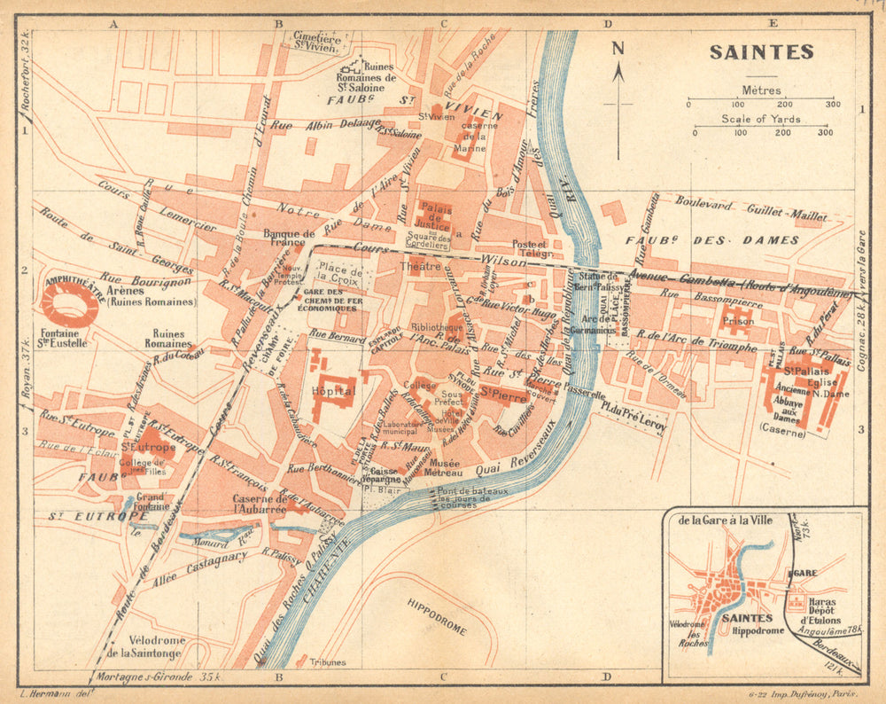 CHARENTE- MARITIME. Saintes; Inset map of Saintes 1922 old antique chart