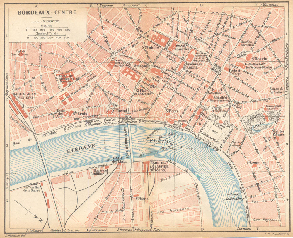 GIRONDE. Bordeaux- Centre 1922 old antique vintage map plan chart