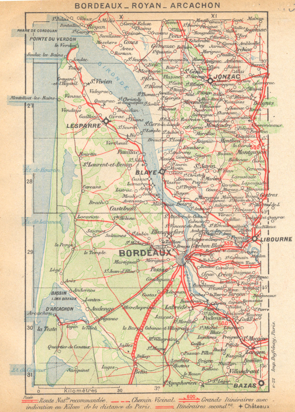 GIRONDE. Bordeaux- Royan- Arcachon 1922 old antique vintage map plan chart