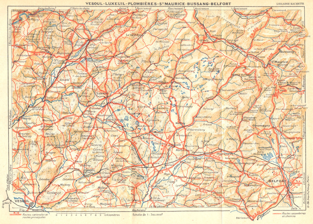 HTE- SAÔNE. Vesoul- Luxeuil- Plombières- St. Maurice- Bussang- Belfort 1939 map