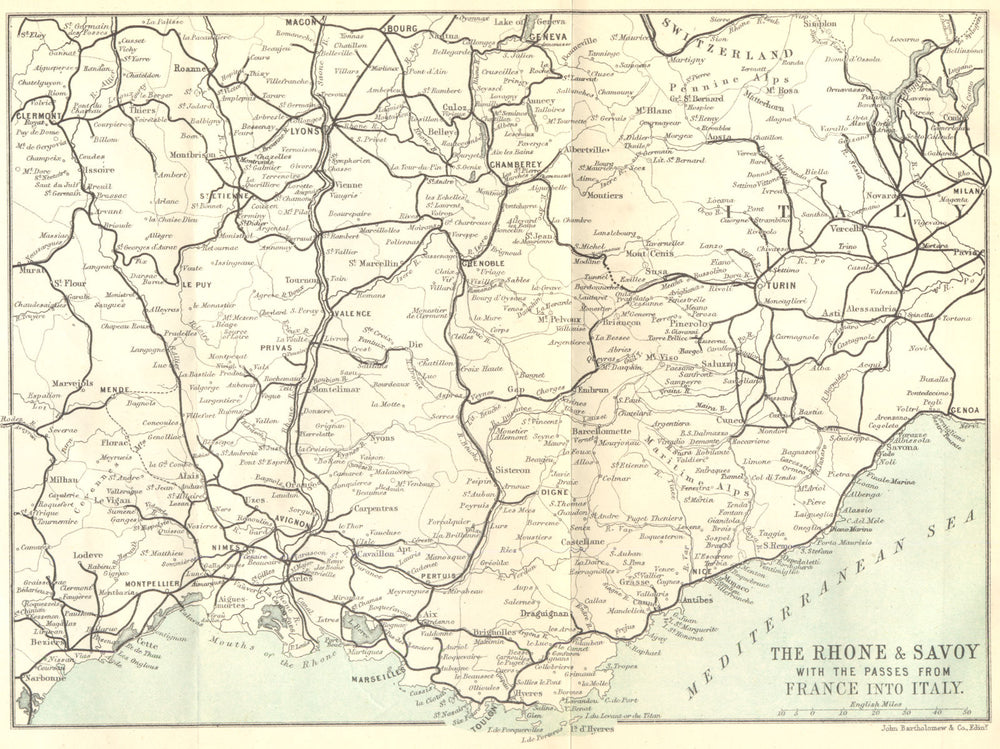 RHÔNE. The Rhone & Savoy with the passes from France into Italy 1888 old map