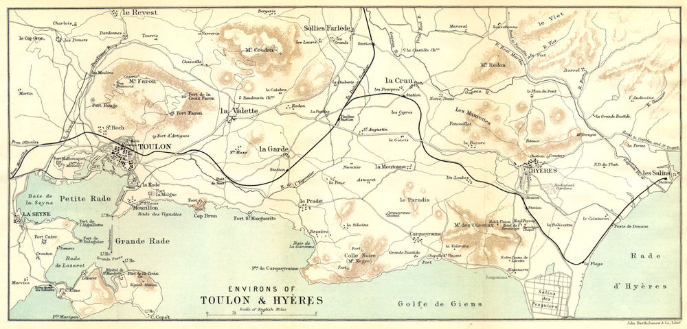 VAR. Environs of Toulon & Hyères 1888 old antique vintage map plan chart