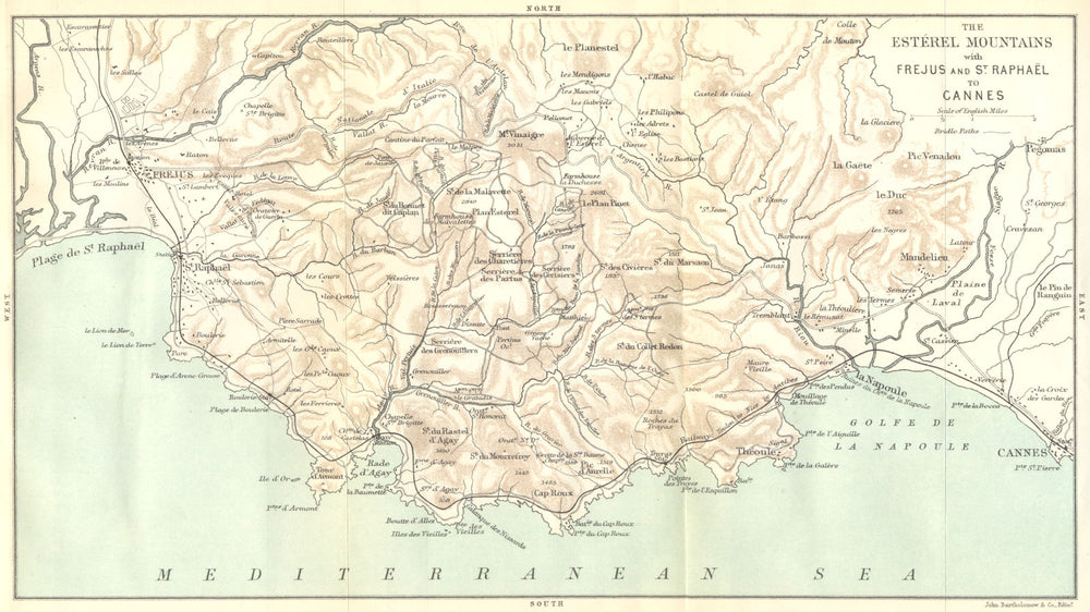 VAR. The Estérel Mountains with Frejus and St. Raphaël to Cannes 1888 old map