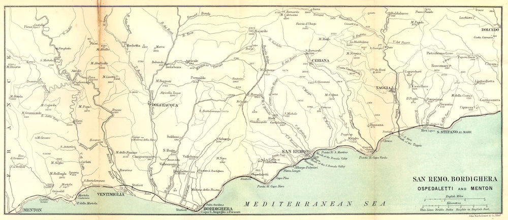 ITALY. San Remo, Bordighera Ospedaletti and Menton 1888 old antique map chart