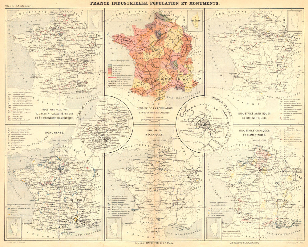 FRANCE. France Industrielle, pop. Monuments; ethnographie Langues 1880 old map