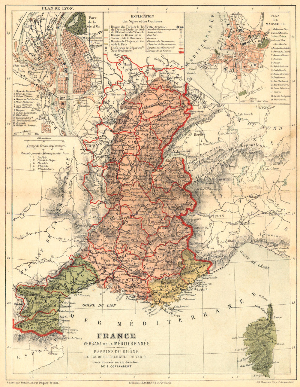 FRANCE. Versant Méditerranée Bassins Rhône Aude Hèrault Var; Marseille 1880 map