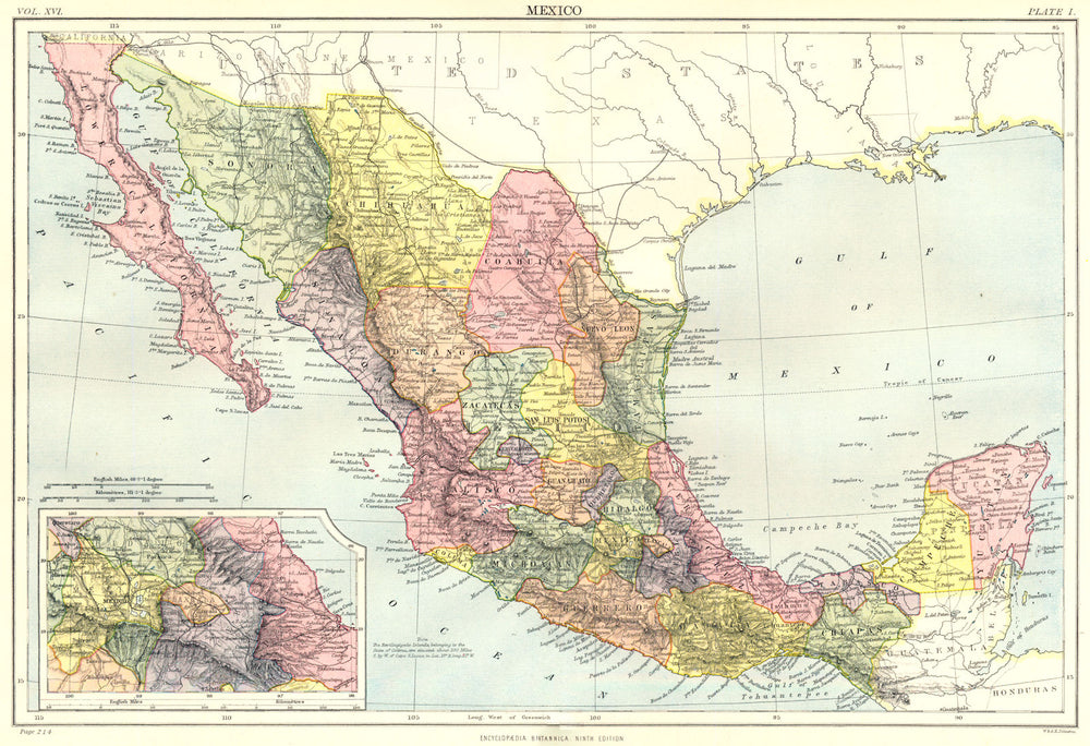 MEXICO. Showing states. Inset Mexico City. Britannica 9th edition 1898 old map