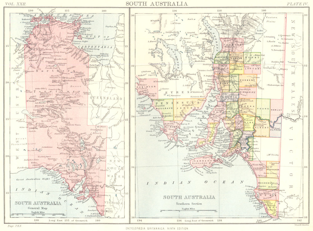 SOUTH AUSTRALIA. Showing counties. Northern Territory.Britannica 9th ed 1898 map