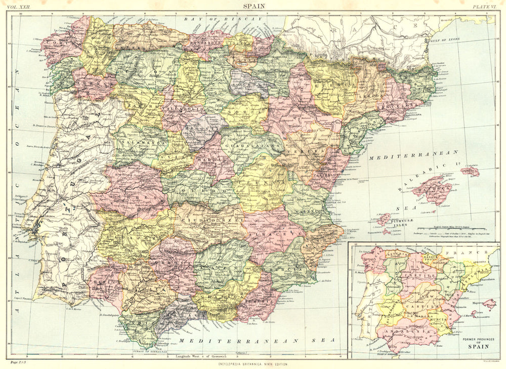 SPAIN. Inset former provinces of Spain. Britannica 9th edition 1898 old map