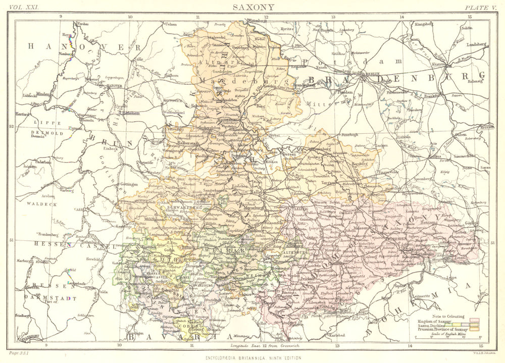 SAXONY.Germany. Sachsen. Britannica 9th edition 1898 old antique map chart
