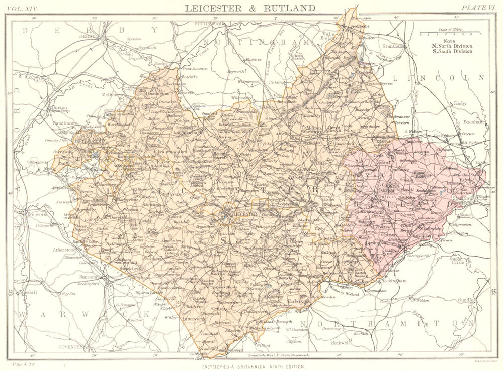 LEICESTERSHIRE & RUTLAND. Britannica 9th edition County map 1898 old