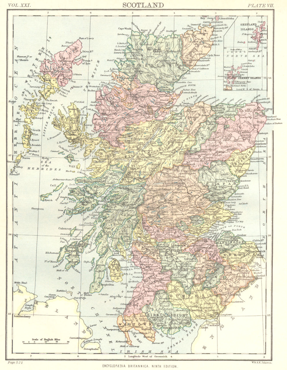 SCOTLAND. Showing counties. Britannica 9th edition 1898 old antique map chart