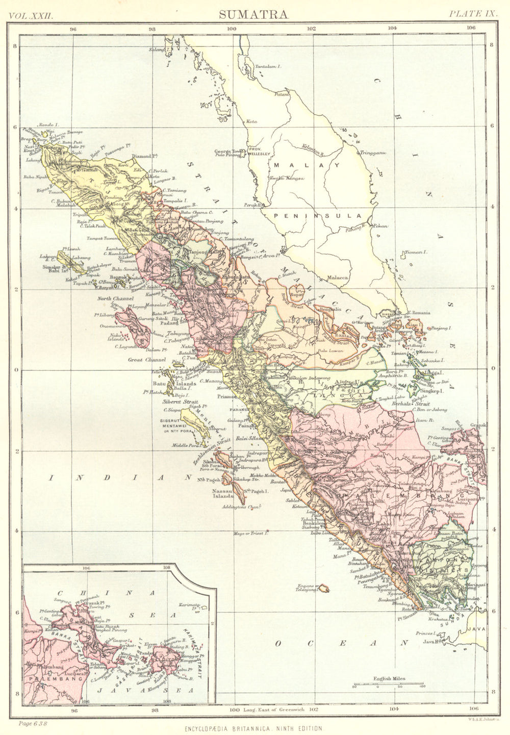 SUMATRA. Indonesia; Inset map of Bangka. Britannica 9th edition 1898 old