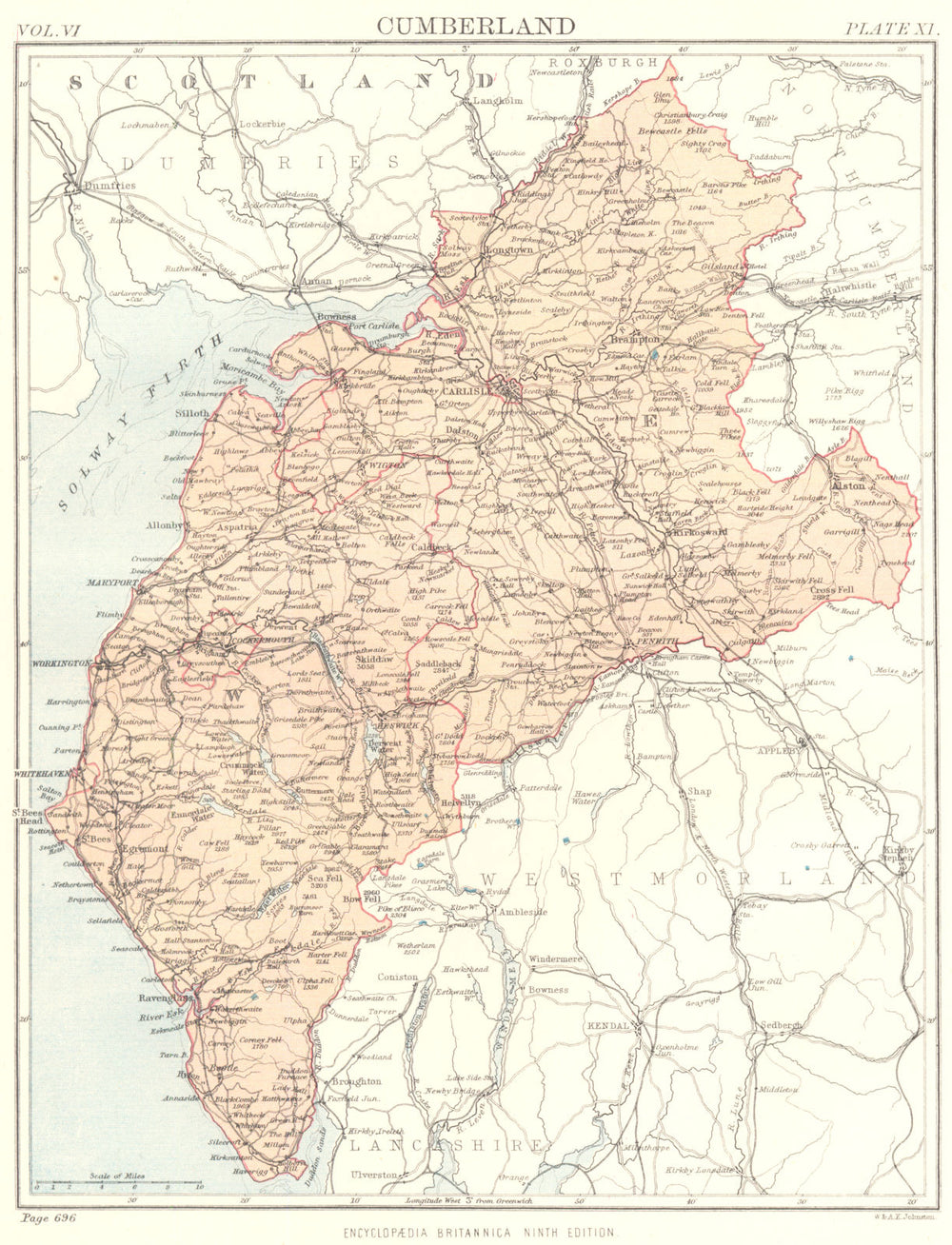 CUMBRIA. Cumberland. Britannica 9th edition County map 1898 old antique