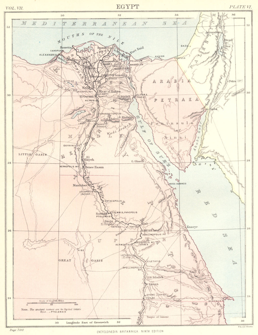 EGYPT. Showing Ancient place names. Nile Valley. Britannica 9th edition 1898 map