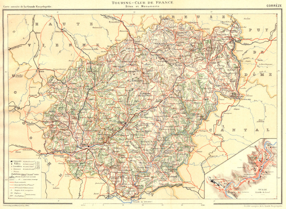 CORRÈZE. Département. Département. Inset plan of Tulle 1904 old antique map