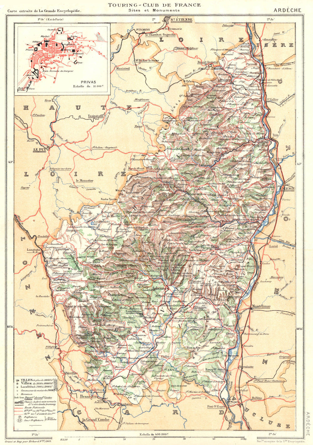 ARDÈCHE. Département. Inset city town map plan of Privas 1903 old antique