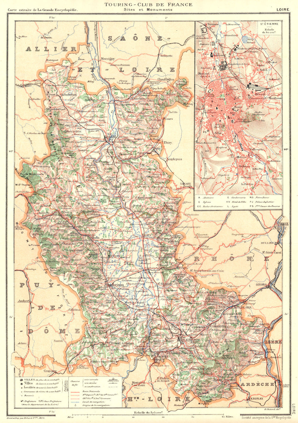 LOIRE. Département. Inset city town map plan of St. Étiennè 1903 old
