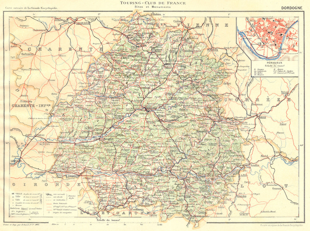 DORDOGNE. Département. Inset city town map plan of Périgueux 1904 old