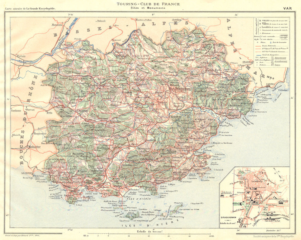 VAR. Département. Inset city town map plan of Draguignan 1903 old antique