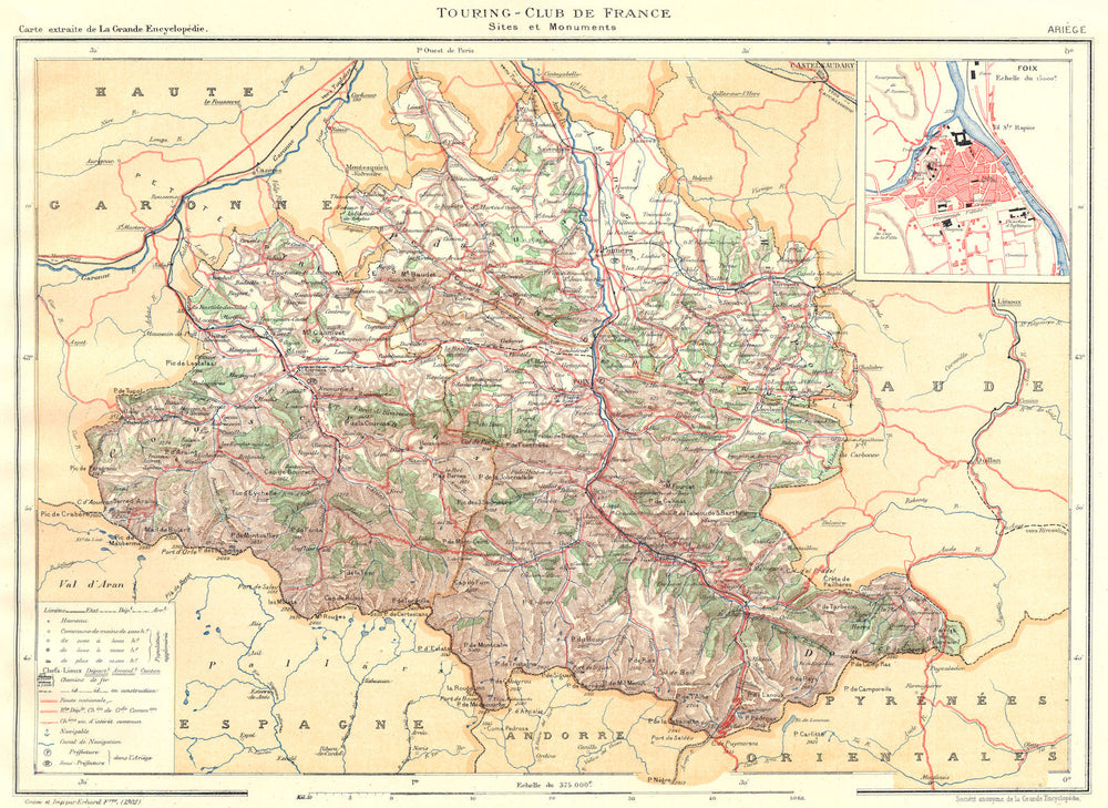 ARIÈGE. Département. Ariège.  Inset city town map plan of Foix 1903 old