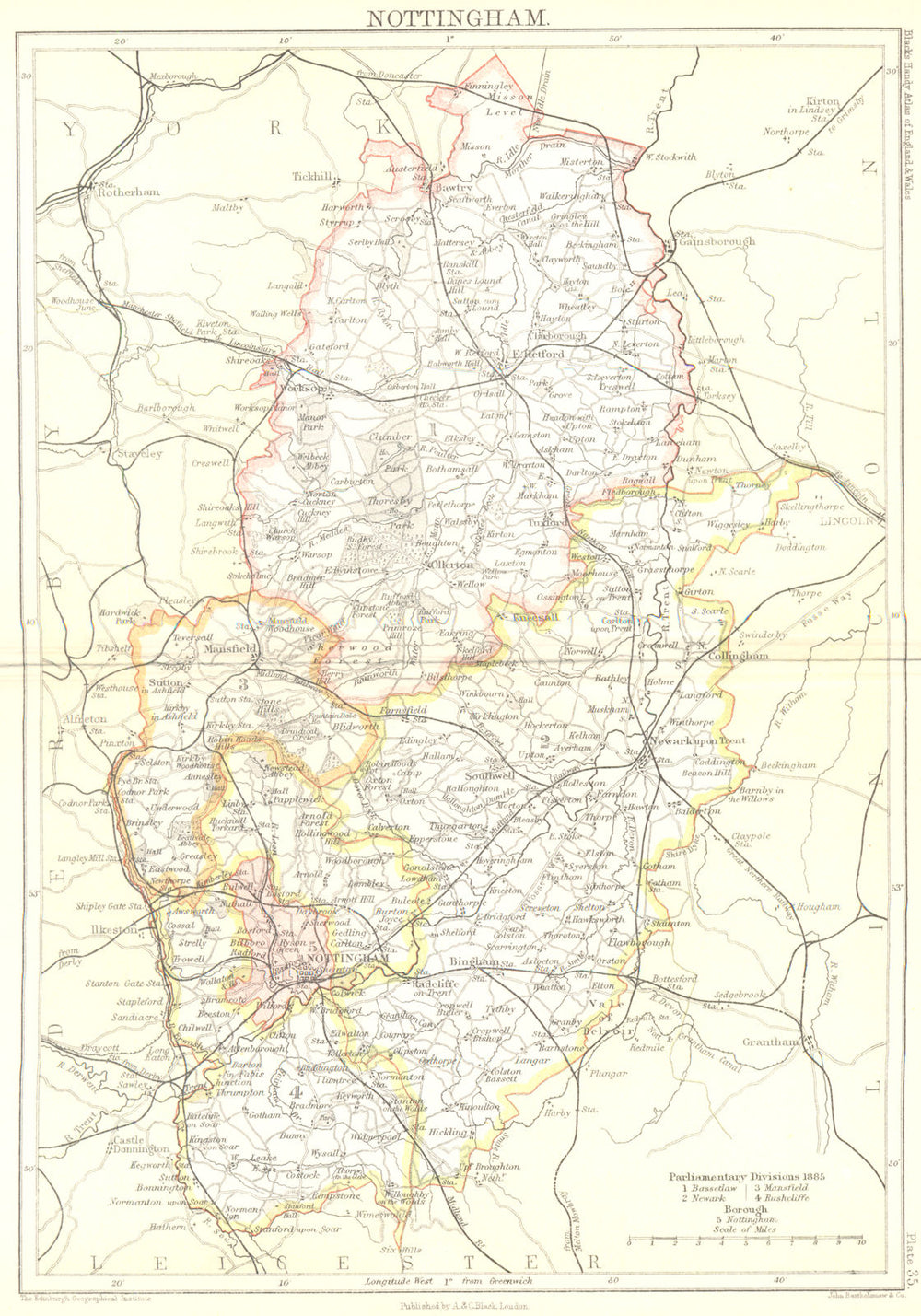 NOTTINGHAMSHIRE. Notts Black. Nottingham 1892 old antique map plan chart