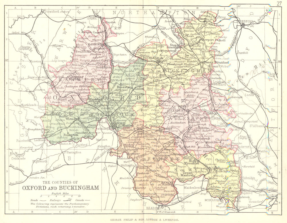 BUCKINGHAMSHIRE & OXFORDSHIRE.Philip.Counties of Oxford and Buckingham 1887 map