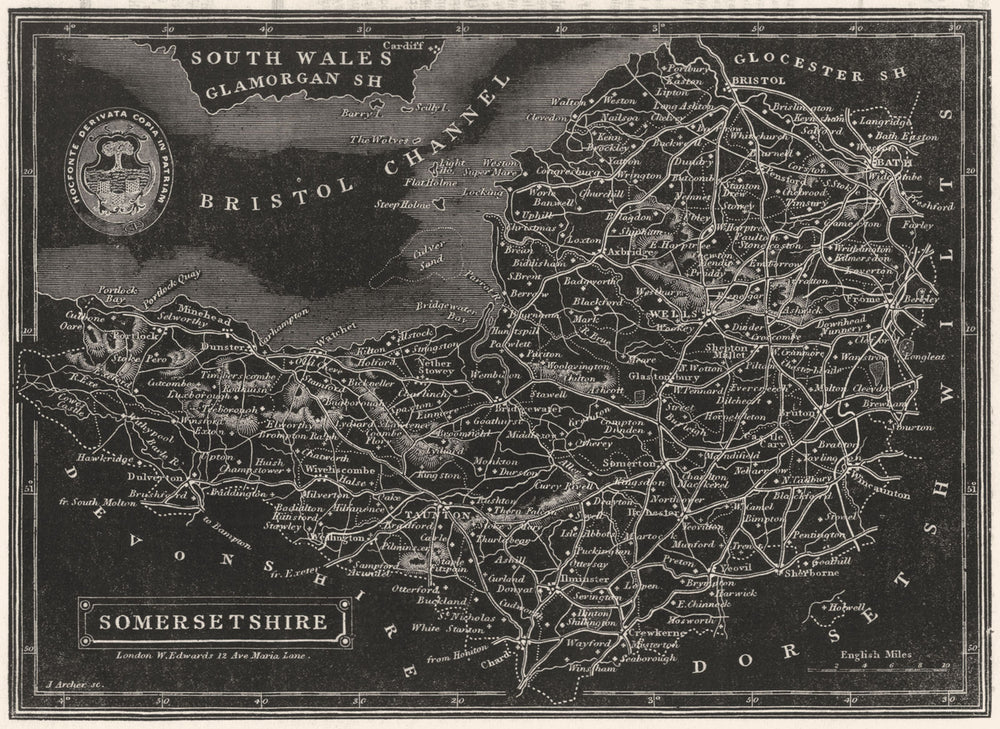 SOMERSET. Pinnock. Unusual Map- Printed White on Black.  1833 old antique