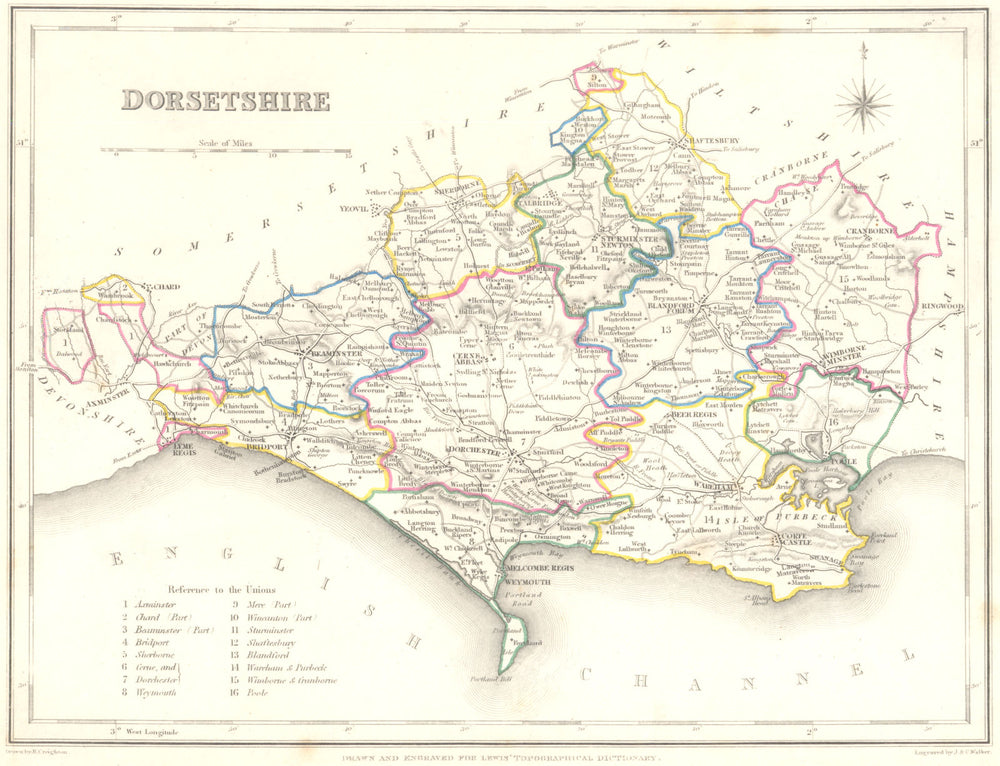 DORSET. Lewis. Original outline colour. Dorsetshire 1845 old antique map chart