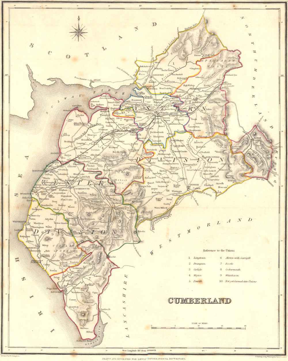 CUMBRIA. Cumbs. Lewis. Original outline colouring. Cumberland 1831 old map