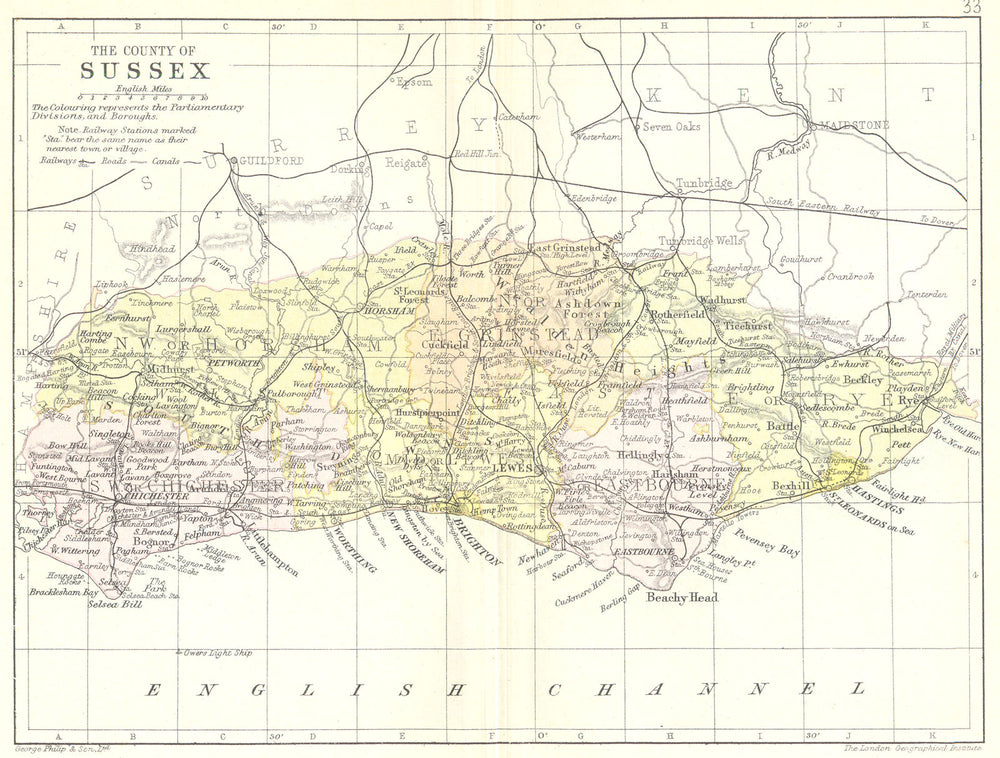 SUSSEX. Philips. Small County map 1890 old antique vintage plan chart