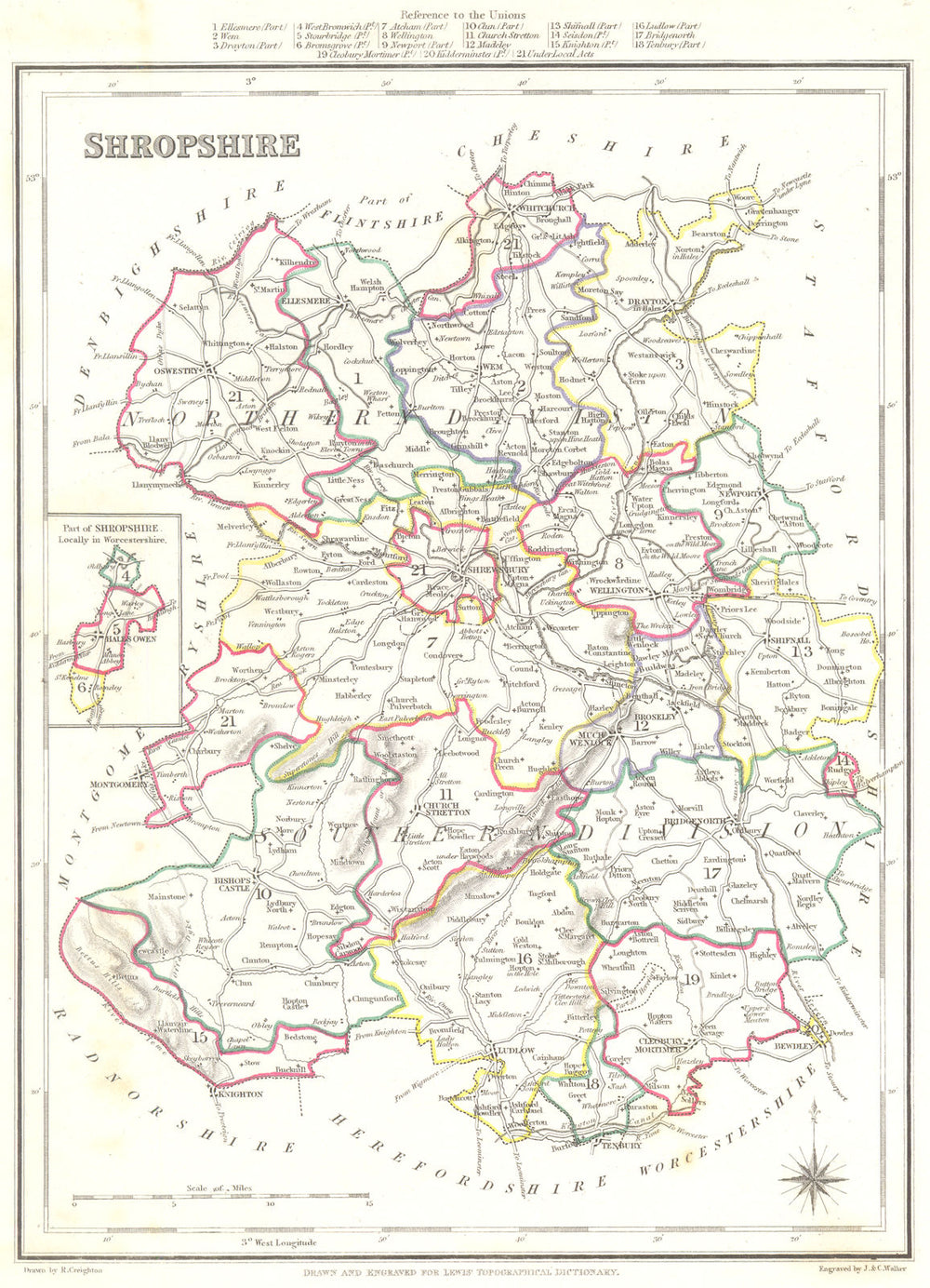SHROPSHIRE. Shrops. Lewis. Original Outline Colouring. Small Inset 1845 map