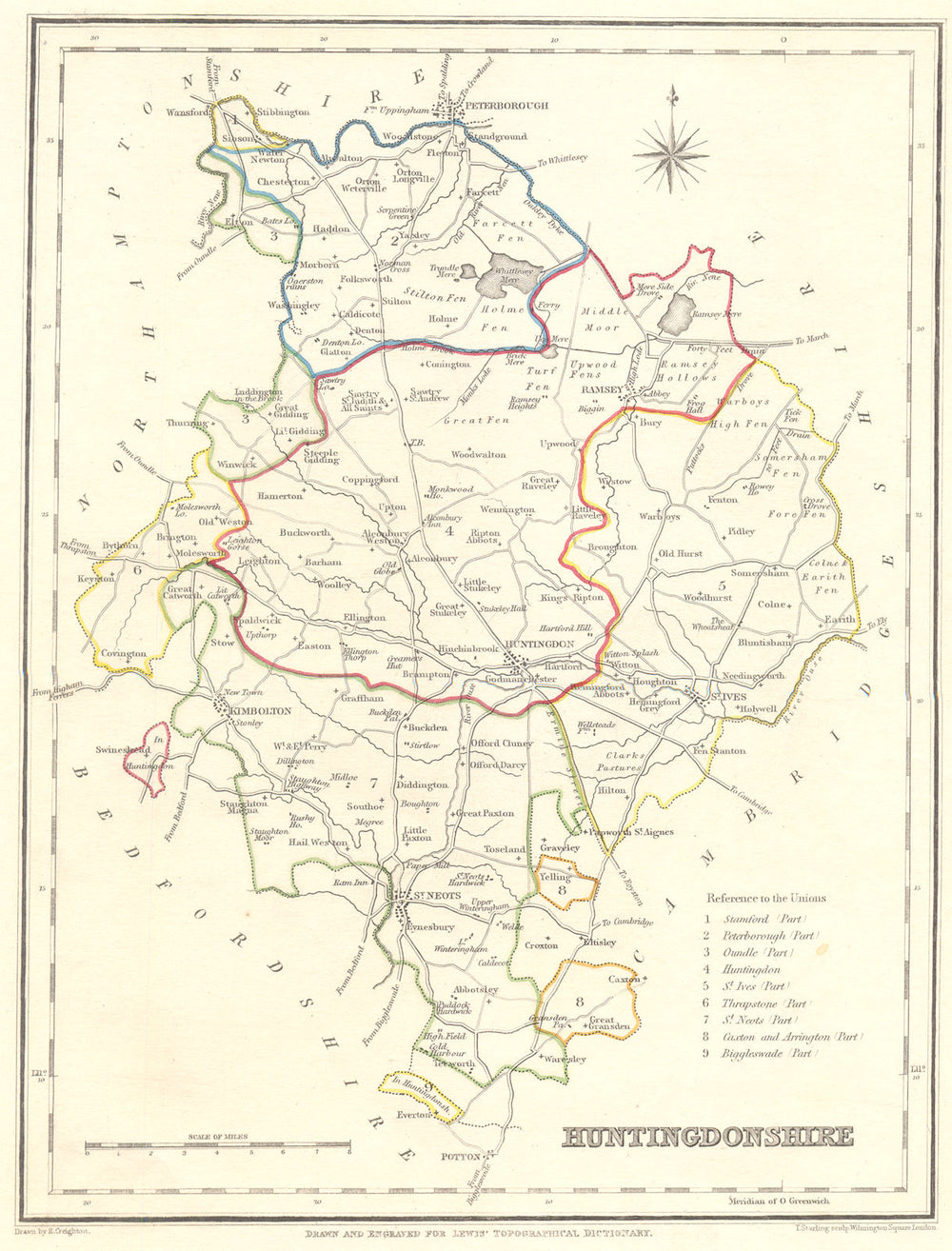 HUNTINGDONSHIRE. Hunts. Lewis. Original Outline Colouring 1849 old antique map