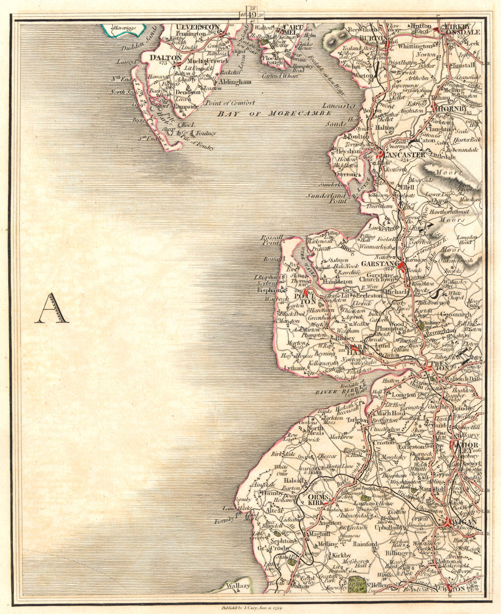 LANCASHIRE COAST. Lancaster Preston Lytham Blackpool Barrow Wigan. CARY 1794 map