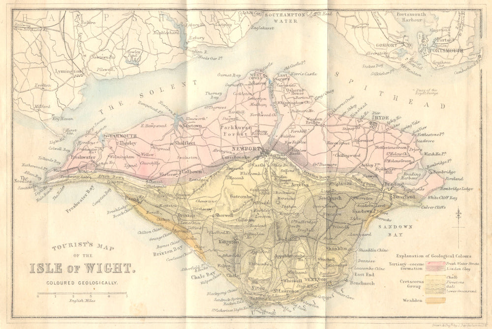 ISLE OF WIGHT GEOLOGICAL. Tourist's map. Geology. Hand coloured 1864 old