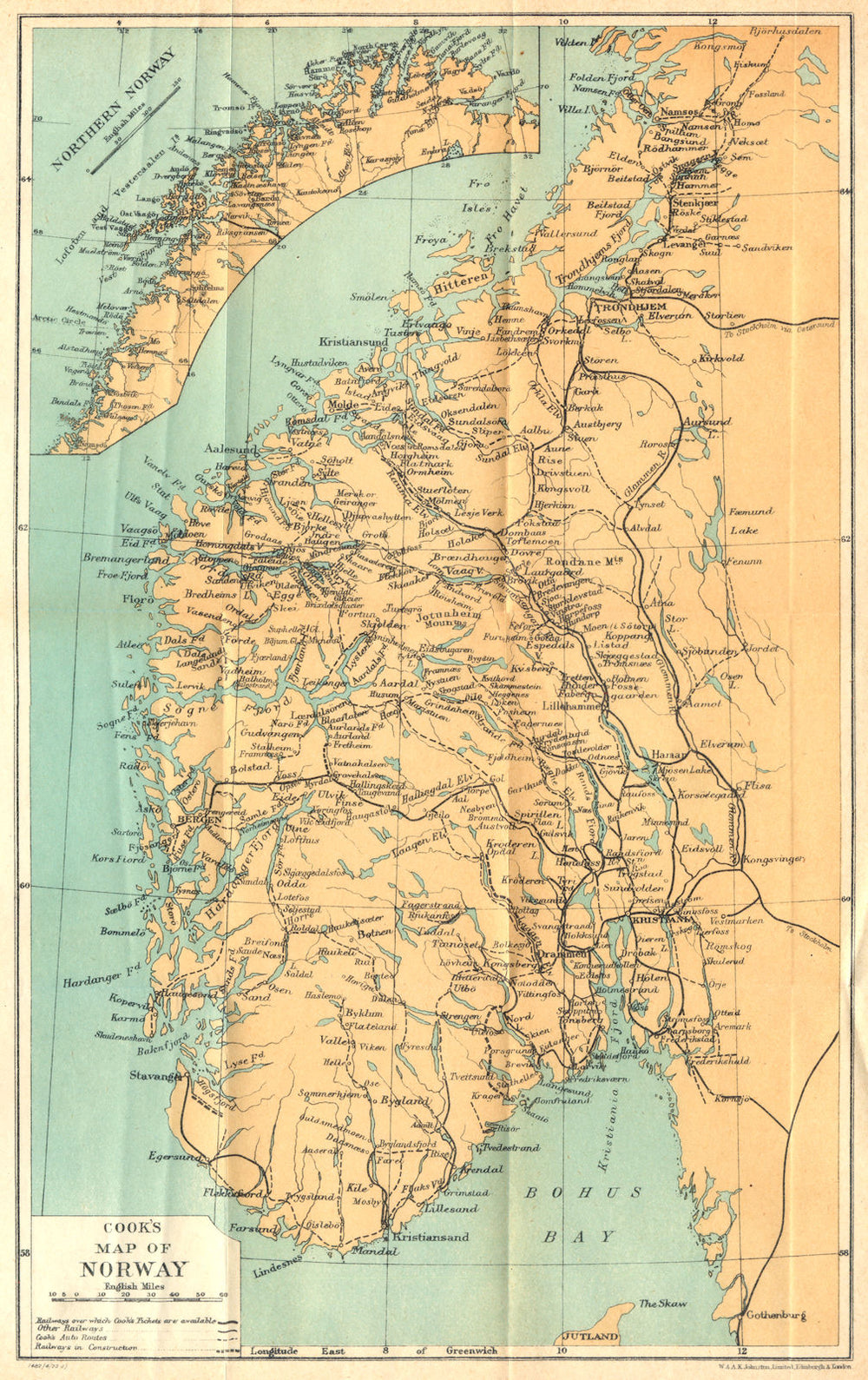 NORWAY. Thomas Cook's Map of Norway. Roads & Railways 1923 old antique