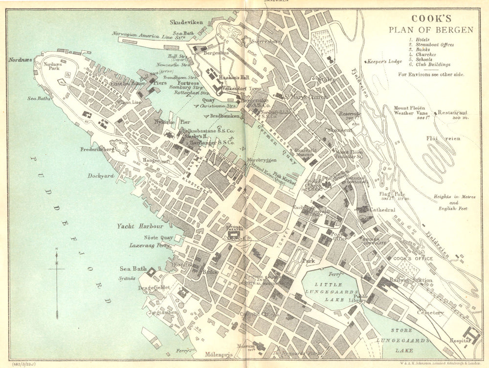 NORWAY. Thomas Cook's Town plan of Bergen 1923 old antique map chart