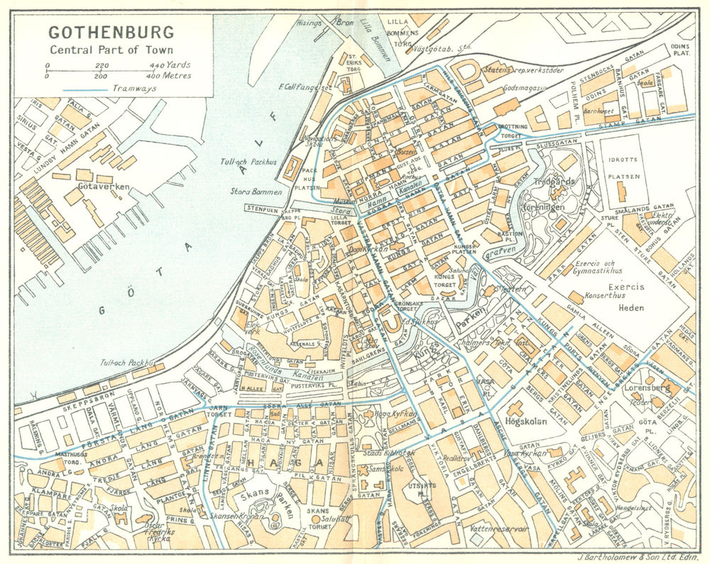 SWEDEN. Town plan of central Gothenburg Göteborg Gothenburg. Tramways 1923 map