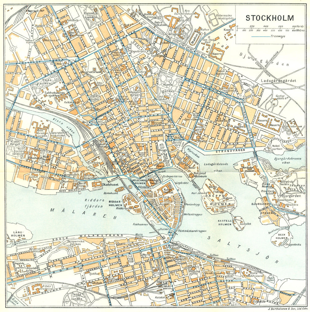 SWEDEN. Town plan of Stockholm. Tramways 1923 old antique map chart