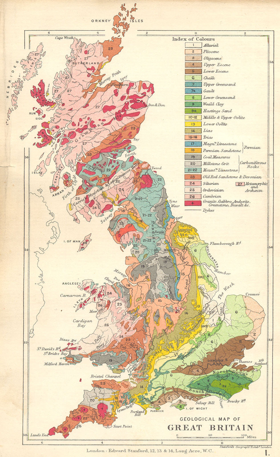 UK. Geological map of Great Britain 1880 old antique vintage plan chart